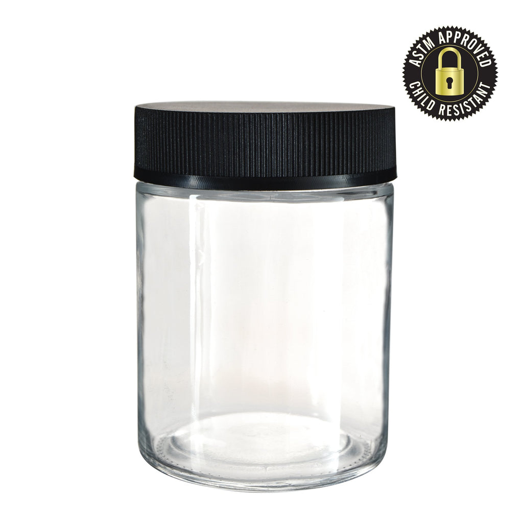 THCR 4oz Clear Glass Jar Child-Resistant Ribbed Flat Cap (Qty 100)