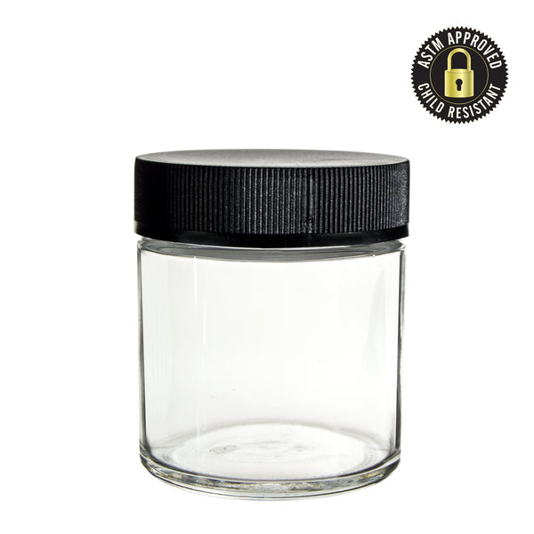3oz Clear Child Resistant Glass Jar w/ Black Caps - 150 Count